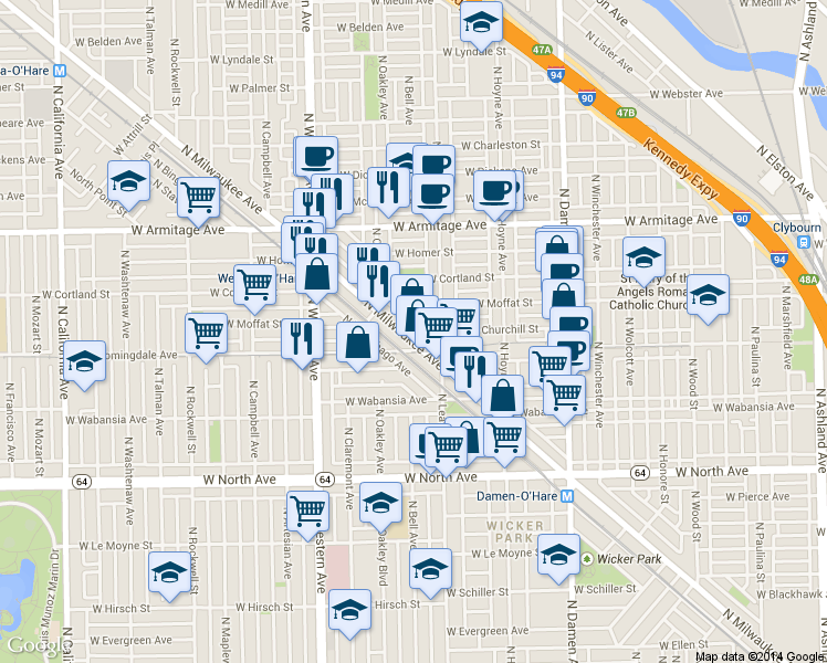 map of restaurants, bars, coffee shops, grocery stores, and more near 1820 North Milwaukee Avenue in Chicago