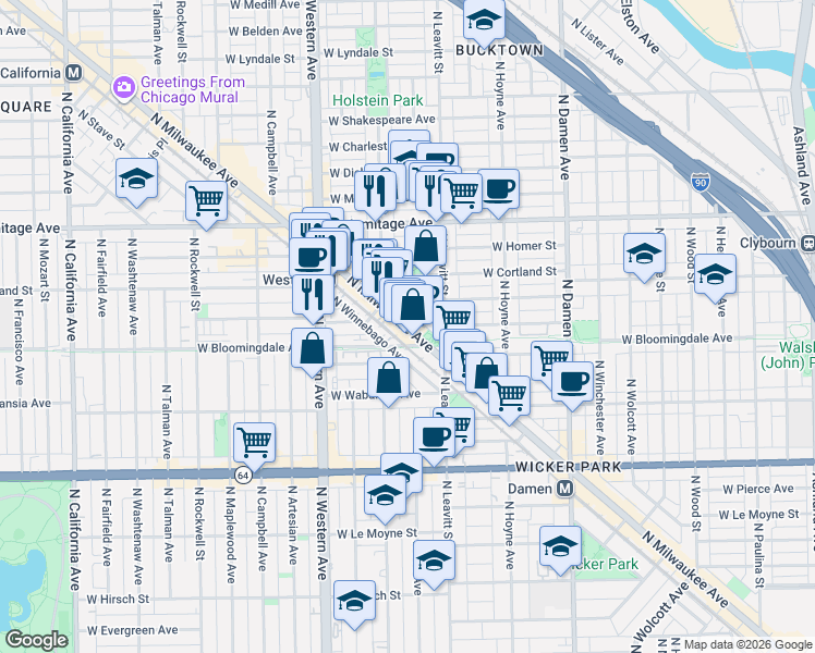 map of restaurants, bars, coffee shops, grocery stores, and more near 1820 North Milwaukee Avenue in Chicago