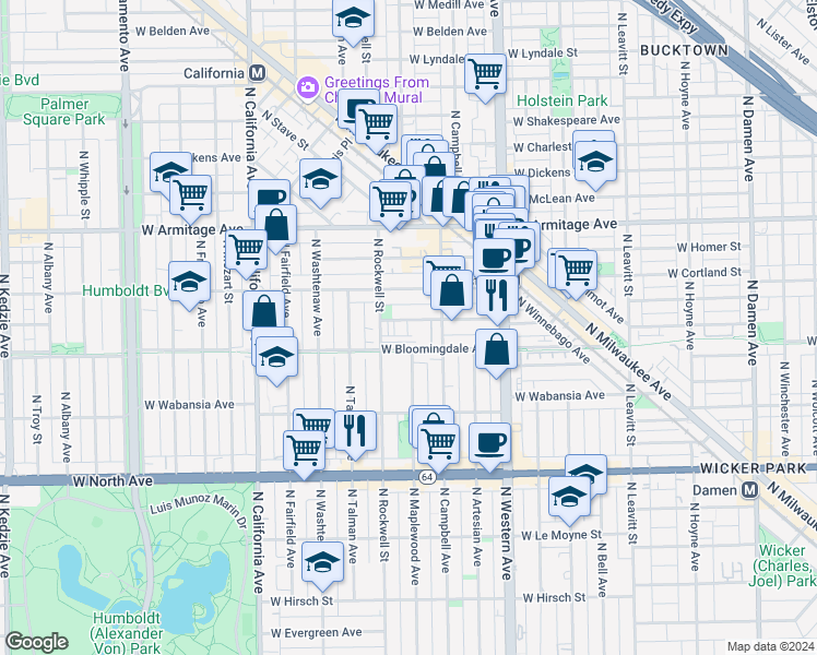 map of restaurants, bars, coffee shops, grocery stores, and more near 2543 West Moffat Street in Chicago