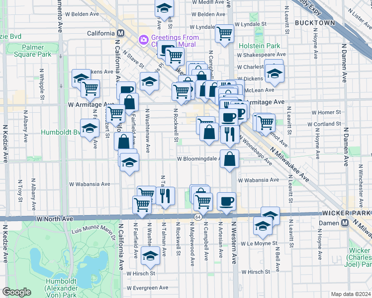map of restaurants, bars, coffee shops, grocery stores, and more near 2543 West Moffat Street in Chicago