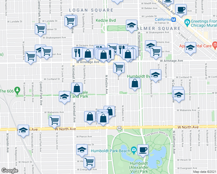 map of restaurants, bars, coffee shops, grocery stores, and more near 1821 North Kedzie Avenue in Chicago