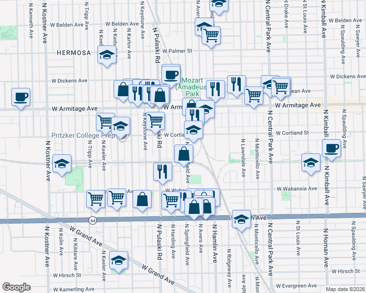 map of restaurants, bars, coffee shops, grocery stores, and more near 1828 North Springfield Avenue in Chicago