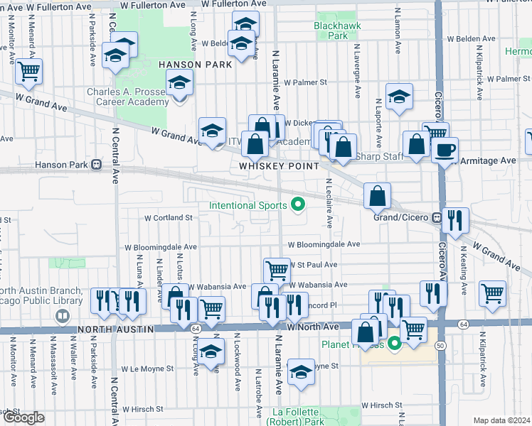 map of restaurants, bars, coffee shops, grocery stores, and more near 1856 North Laramie Avenue in Chicago