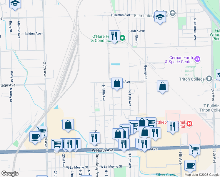 map of restaurants, bars, coffee shops, grocery stores, and more near 2066 North 17th Avenue in Melrose Park
