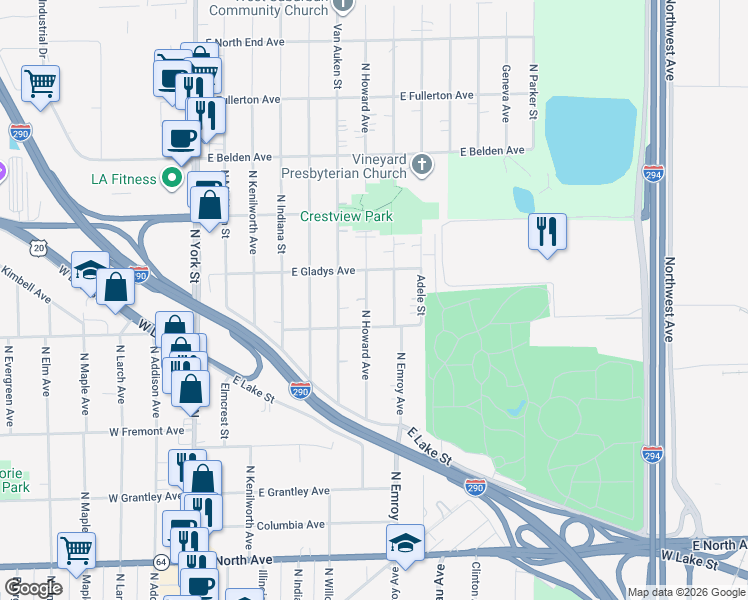 map of restaurants, bars, coffee shops, grocery stores, and more near 562 North Emroy Avenue in Elmhurst