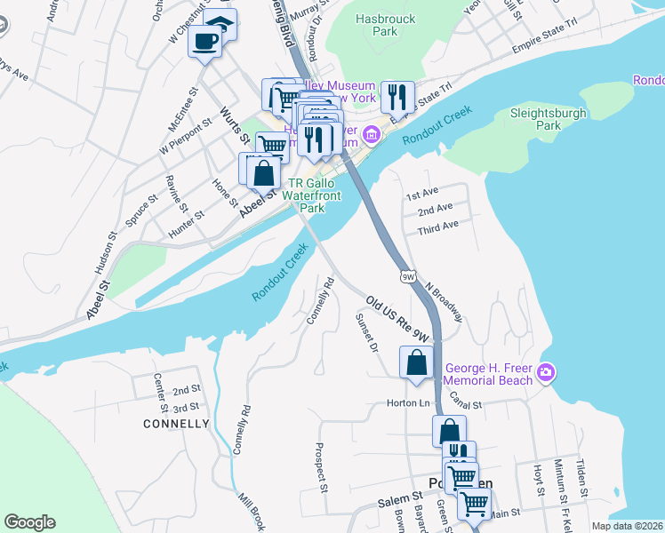 map of restaurants, bars, coffee shops, grocery stores, and more near Wurts Street in Port Ewen