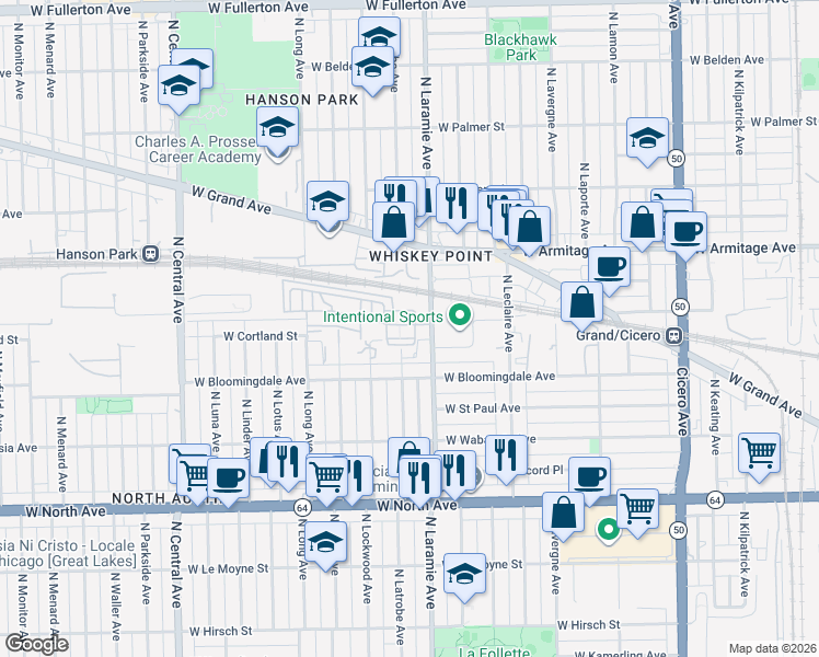 map of restaurants, bars, coffee shops, grocery stores, and more near 1856 North Laramie Avenue in Chicago