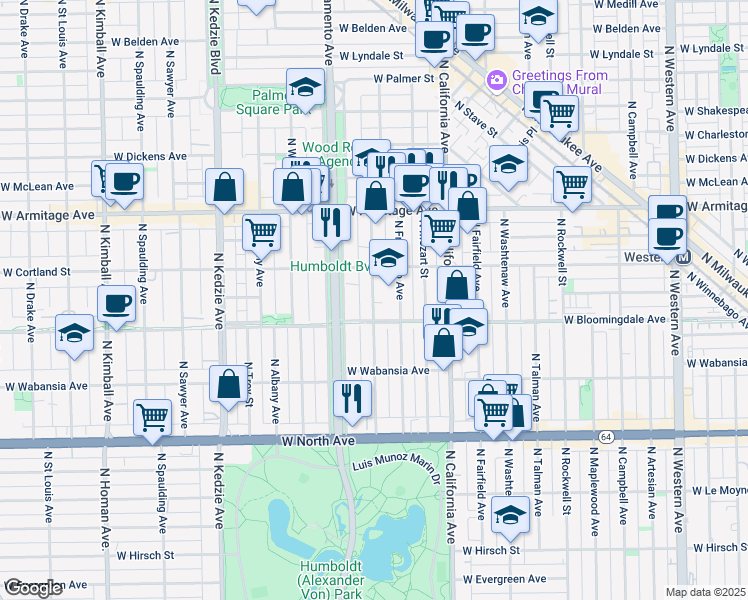 map of restaurants, bars, coffee shops, grocery stores, and more near 1839 North Richmond Street in Chicago