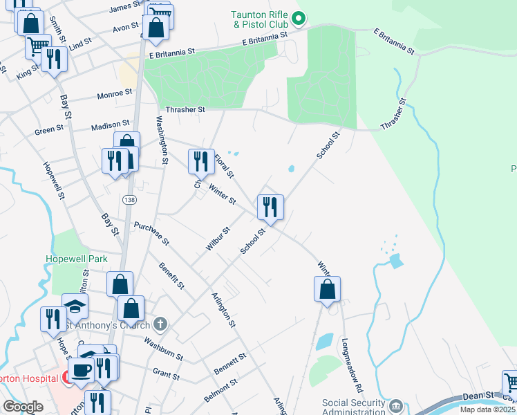 map of restaurants, bars, coffee shops, grocery stores, and more near 11 Floral Street in Taunton