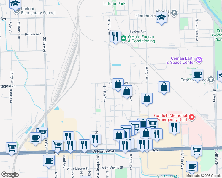 map of restaurants, bars, coffee shops, grocery stores, and more near 2066 North 17th Avenue in Melrose Park