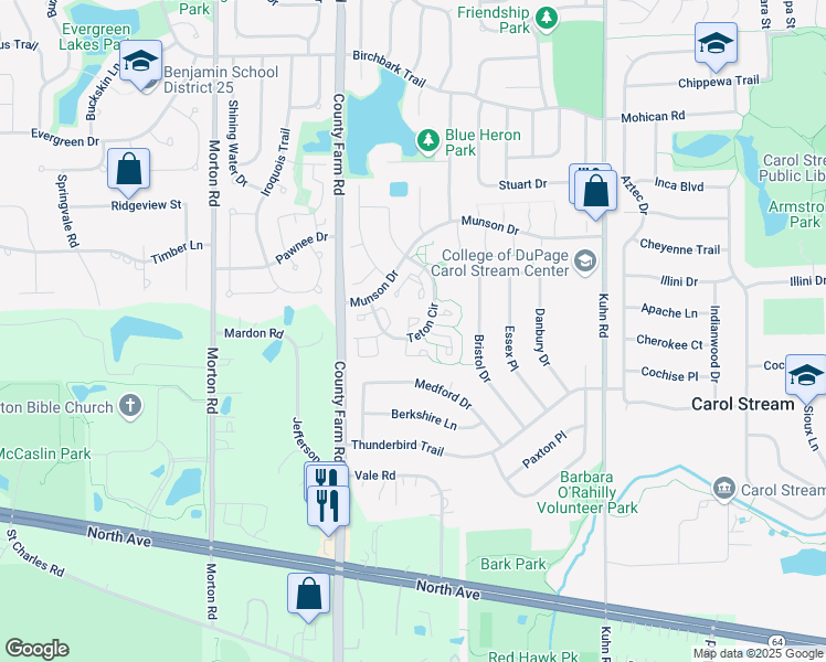 map of restaurants, bars, coffee shops, grocery stores, and more near 491 Dakota Court in Carol Stream