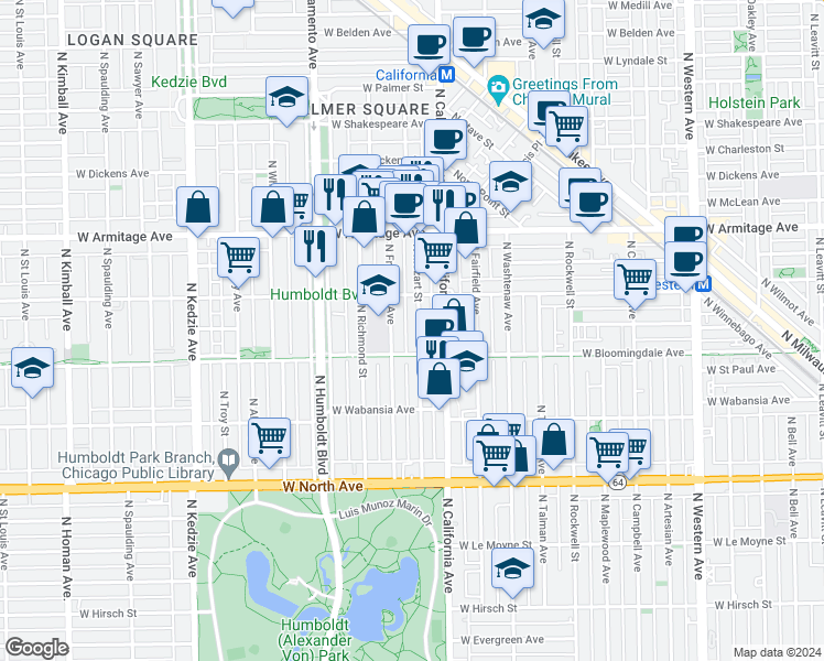 map of restaurants, bars, coffee shops, grocery stores, and more near 1824 North Mozart Street in Chicago
