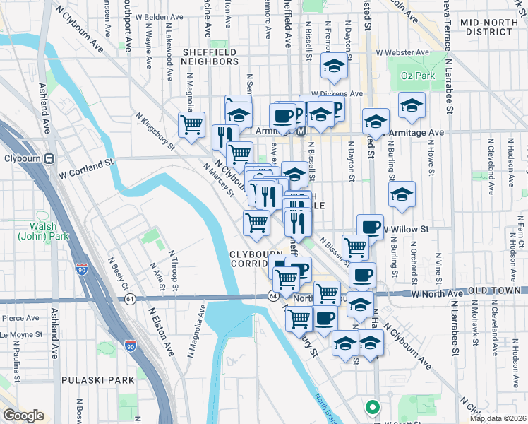 map of restaurants, bars, coffee shops, grocery stores, and more near 1840 North Clybourn Avenue in Chicago