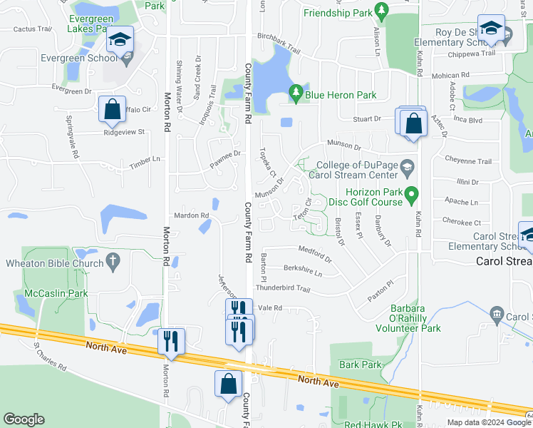map of restaurants, bars, coffee shops, grocery stores, and more near 817 Minnesota Circle in Carol Stream
