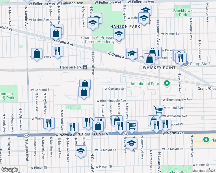 map of restaurants, bars, coffee shops, grocery stores, and more near 5506 West Cortland Street in Chicago