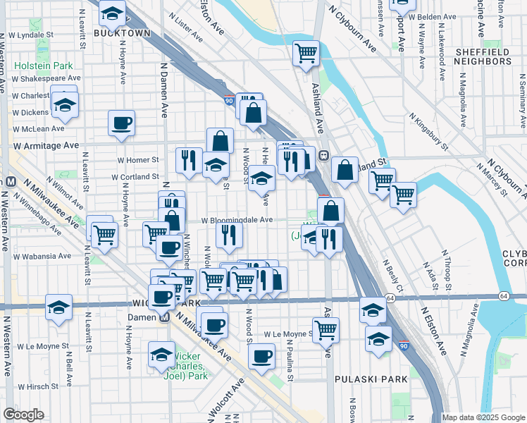 map of restaurants, bars, coffee shops, grocery stores, and more near 1810 North Hermitage Avenue in Chicago