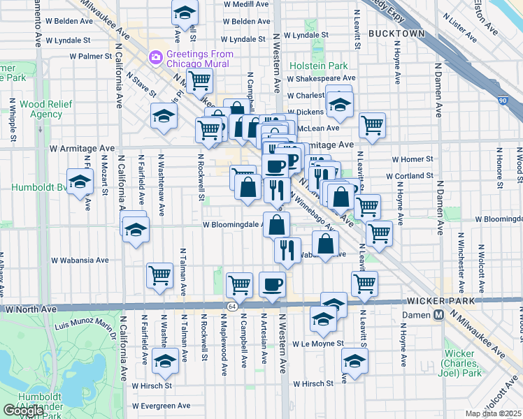 map of restaurants, bars, coffee shops, grocery stores, and more near 2431 West Moffat Street in Chicago