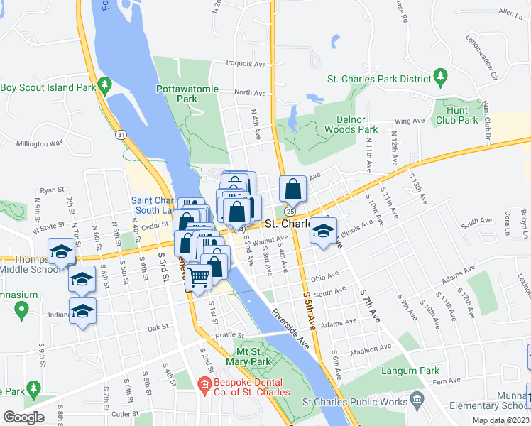 map of restaurants, bars, coffee shops, grocery stores, and more near 307 Cedar Avenue in St. Charles
