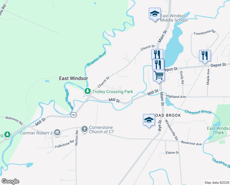 map of restaurants, bars, coffee shops, grocery stores, and more near 12 Julia Court in East Windsor