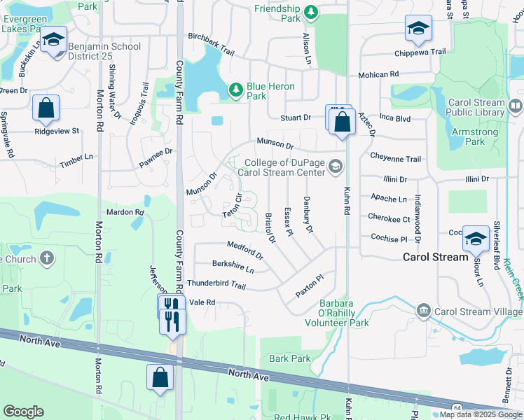 map of restaurants, bars, coffee shops, grocery stores, and more near 749 Colorado Court in Carol Stream