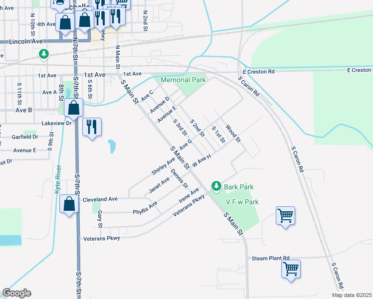 map of restaurants, bars, coffee shops, grocery stores, and more near 603 South Main Street in Rochelle
