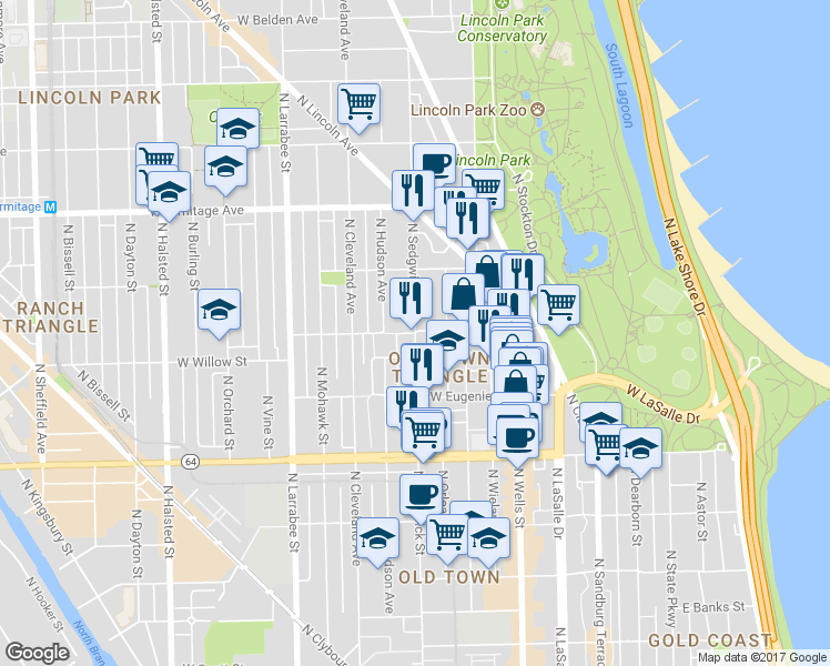 map of restaurants, bars, coffee shops, grocery stores, and more near North Sedgwick Street & West Menomonee Street in Chicago