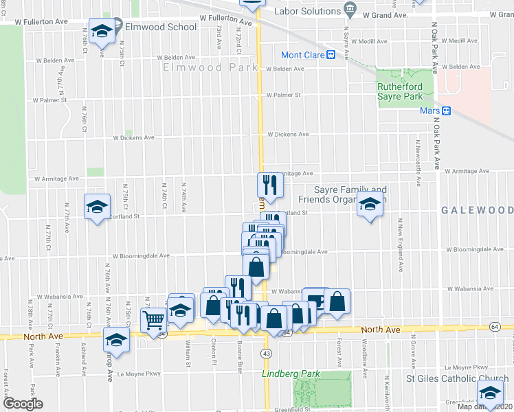 map of restaurants, bars, coffee shops, grocery stores, and more near 7206 West Cortland Street in Elmwood Park