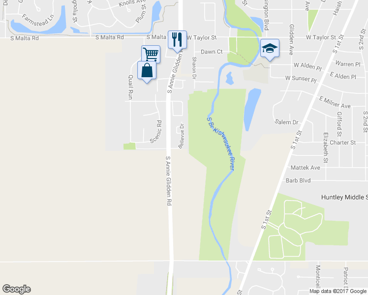 map of restaurants, bars, coffee shops, grocery stores, and more near 1268 Bellevue Drive in DeKalb