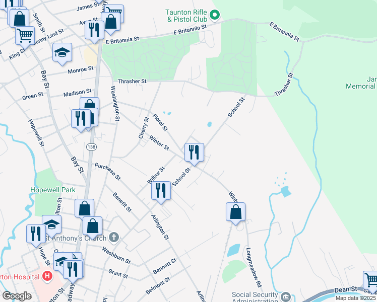 map of restaurants, bars, coffee shops, grocery stores, and more near 11 Floral Street in Taunton