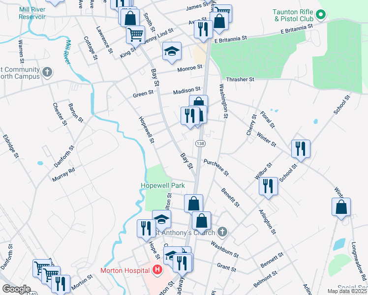 map of restaurants, bars, coffee shops, grocery stores, and more near 75 Purchase Street in Taunton
