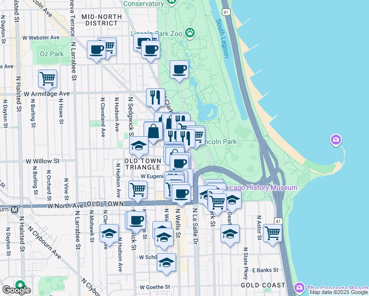map of restaurants, bars, coffee shops, grocery stores, and more near 1749 North Wells Street in Chicago