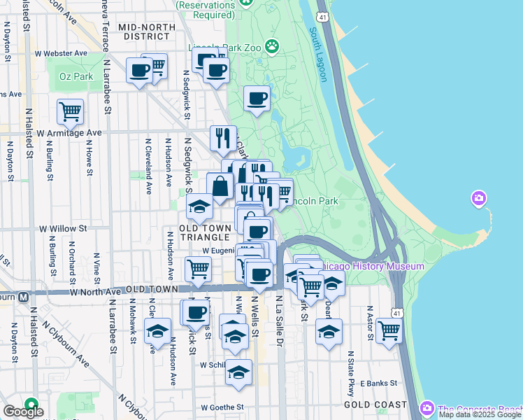map of restaurants, bars, coffee shops, grocery stores, and more near 1749 North Wells Street in Chicago