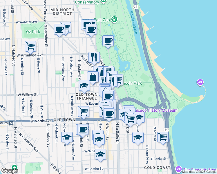 map of restaurants, bars, coffee shops, grocery stores, and more near 1749 North Wells Street in Chicago
