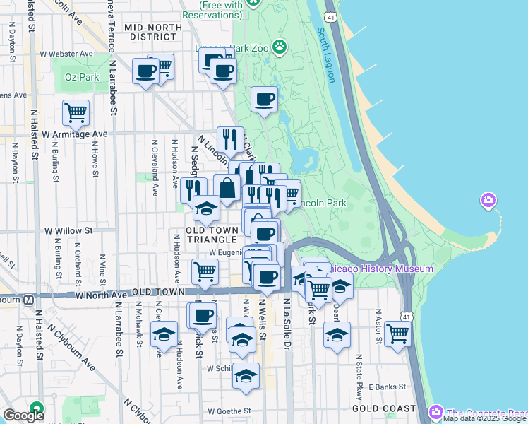 map of restaurants, bars, coffee shops, grocery stores, and more near 1749 North Wells Street in Chicago