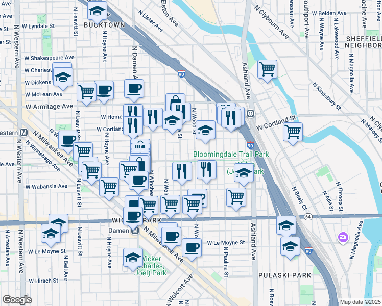 map of restaurants, bars, coffee shops, grocery stores, and more near 1807 North Honore Street in Chicago
