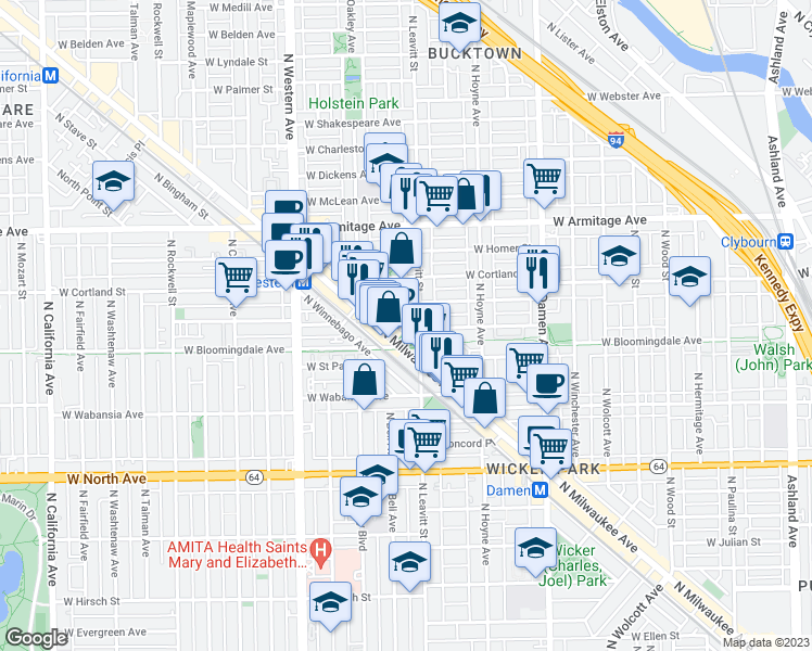 map of restaurants, bars, coffee shops, grocery stores, and more near 1800 North Wilmot Avenue in Chicago
