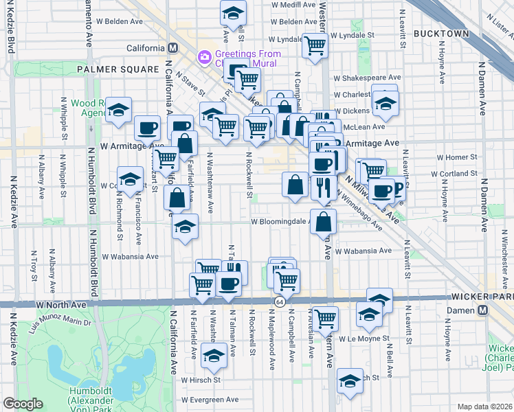 map of restaurants, bars, coffee shops, grocery stores, and more near 2543 West Moffat Street in Chicago