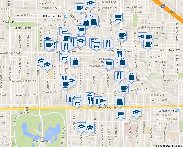 map of restaurants, bars, coffee shops, grocery stores, and more near 1819 North Talman Avenue in Chicago