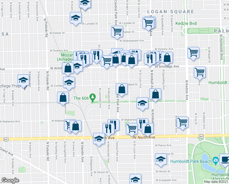 map of restaurants, bars, coffee shops, grocery stores, and more near 1826 North Central Park Avenue in Chicago