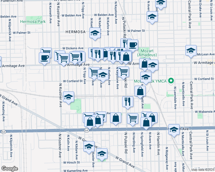 map of restaurants, bars, coffee shops, grocery stores, and more near 1828 North Karlov Avenue in Chicago