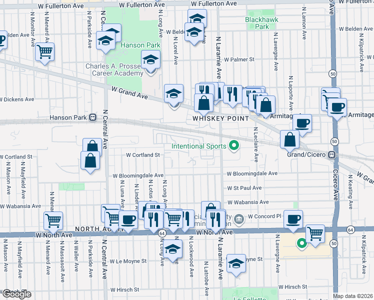 map of restaurants, bars, coffee shops, grocery stores, and more near 5311 West Galewood Avenue in Chicago