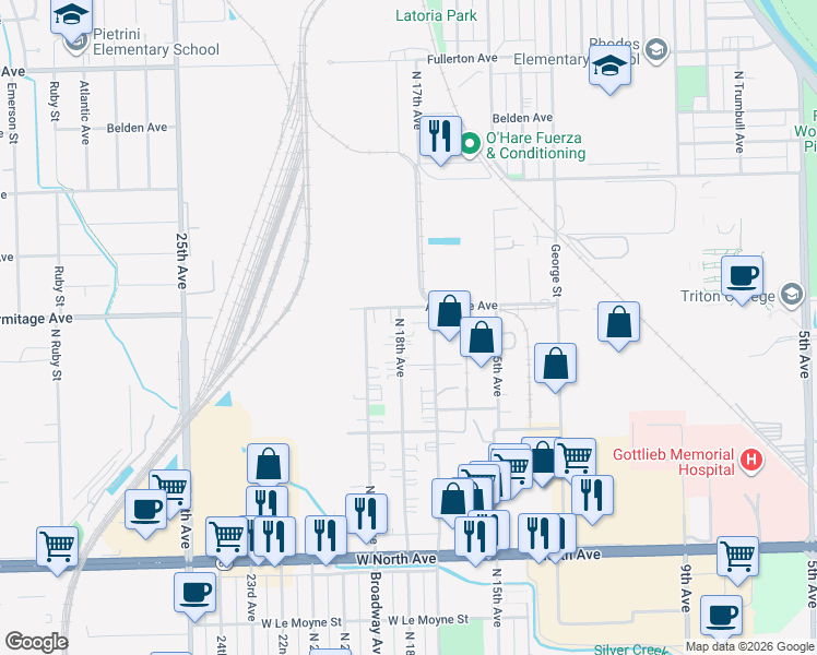 map of restaurants, bars, coffee shops, grocery stores, and more near 2070 North 18th Avenue in Melrose Park