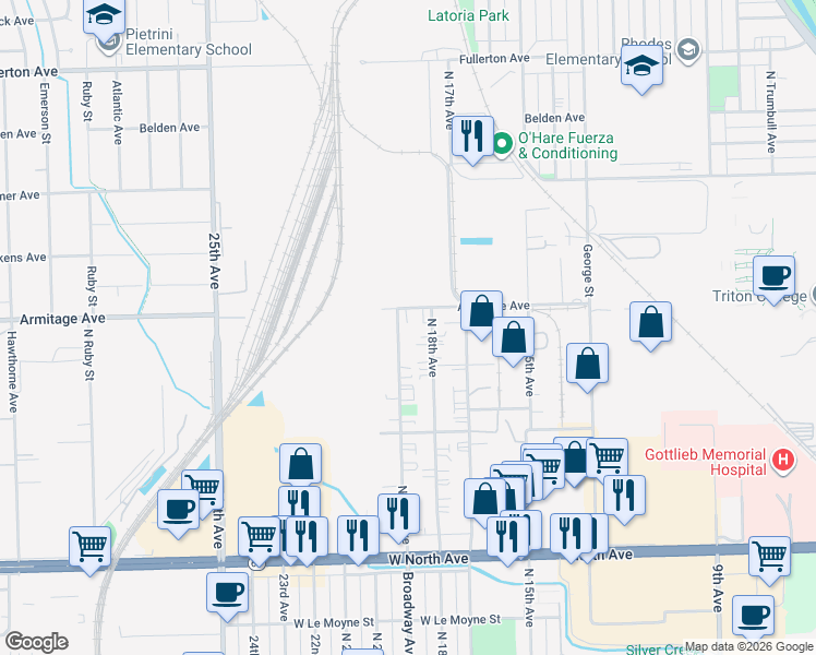 map of restaurants, bars, coffee shops, grocery stores, and more near 2070 North 18th Avenue in Melrose Park