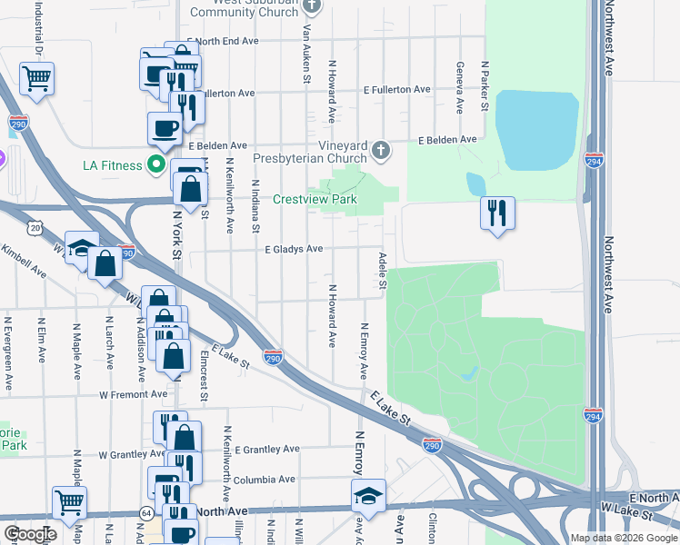 map of restaurants, bars, coffee shops, grocery stores, and more near 562 North Emroy Avenue in Elmhurst