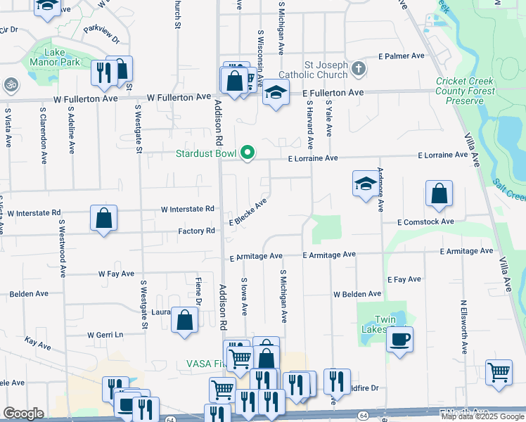 map of restaurants, bars, coffee shops, grocery stores, and more near 109 East Blecke Avenue in Addison