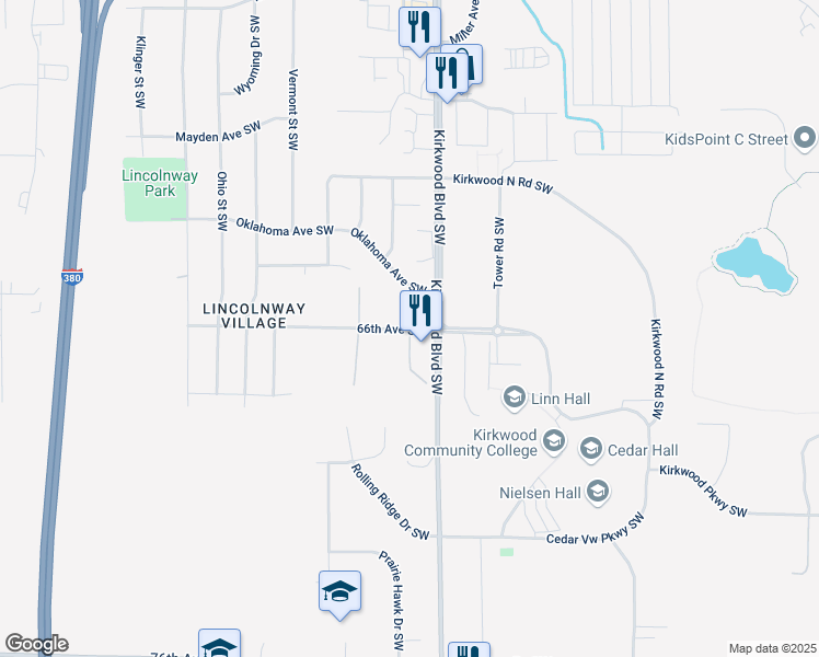 map of restaurants, bars, coffee shops, grocery stores, and more near 6635 Kirkwood Boulevard Southwest in Cedar Rapids