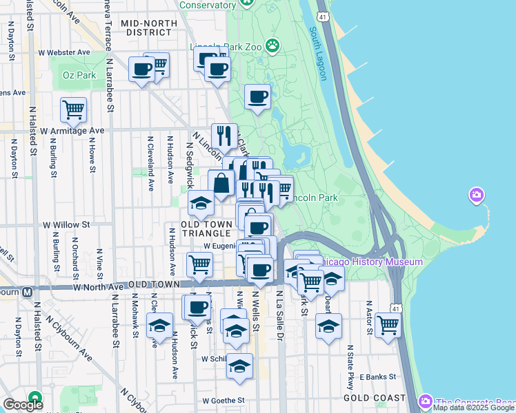map of restaurants, bars, coffee shops, grocery stores, and more near 1749 North Wells Street in Chicago