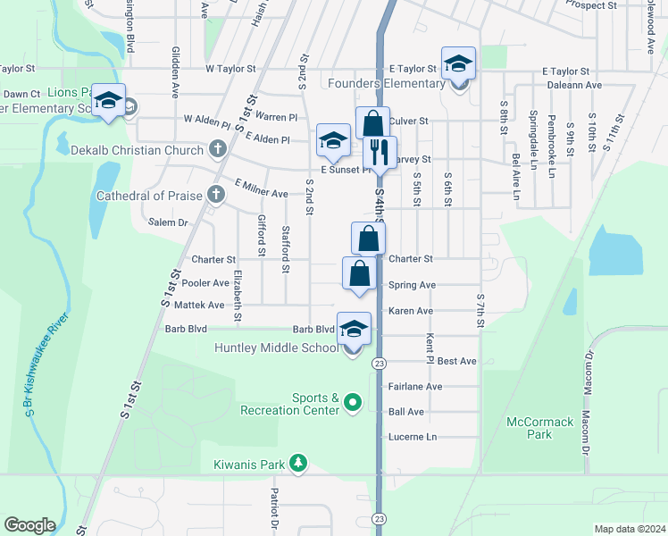 map of restaurants, bars, coffee shops, grocery stores, and more near 216 Chamberlain Drive in DeKalb
