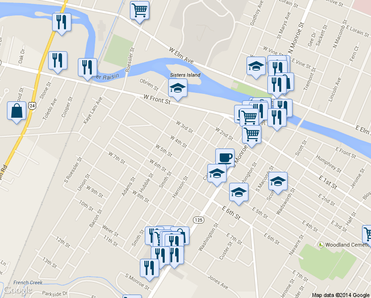 map of restaurants, bars, coffee shops, grocery stores, and more near 414 Smith St in Monroe