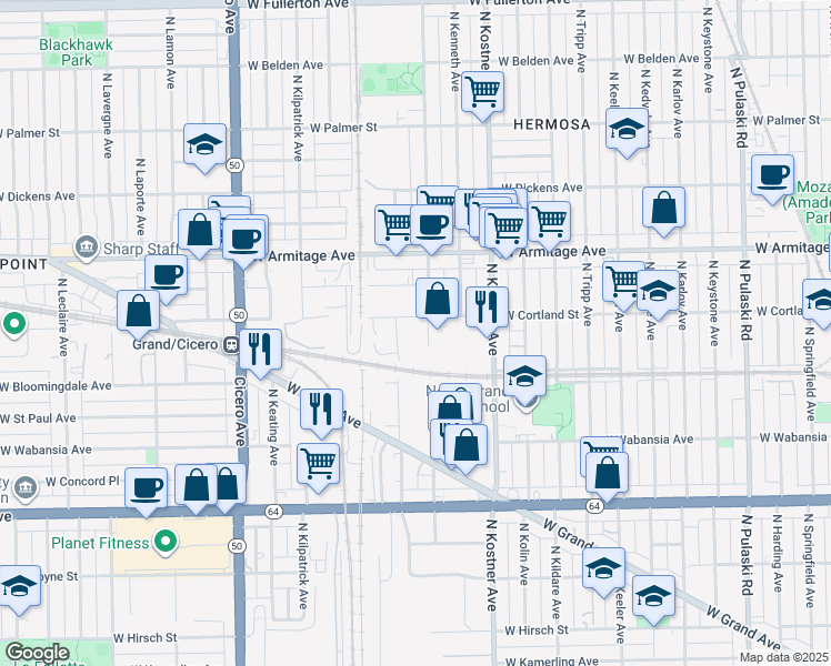 map of restaurants, bars, coffee shops, grocery stores, and more near 4505 West Cortland Street in Chicago